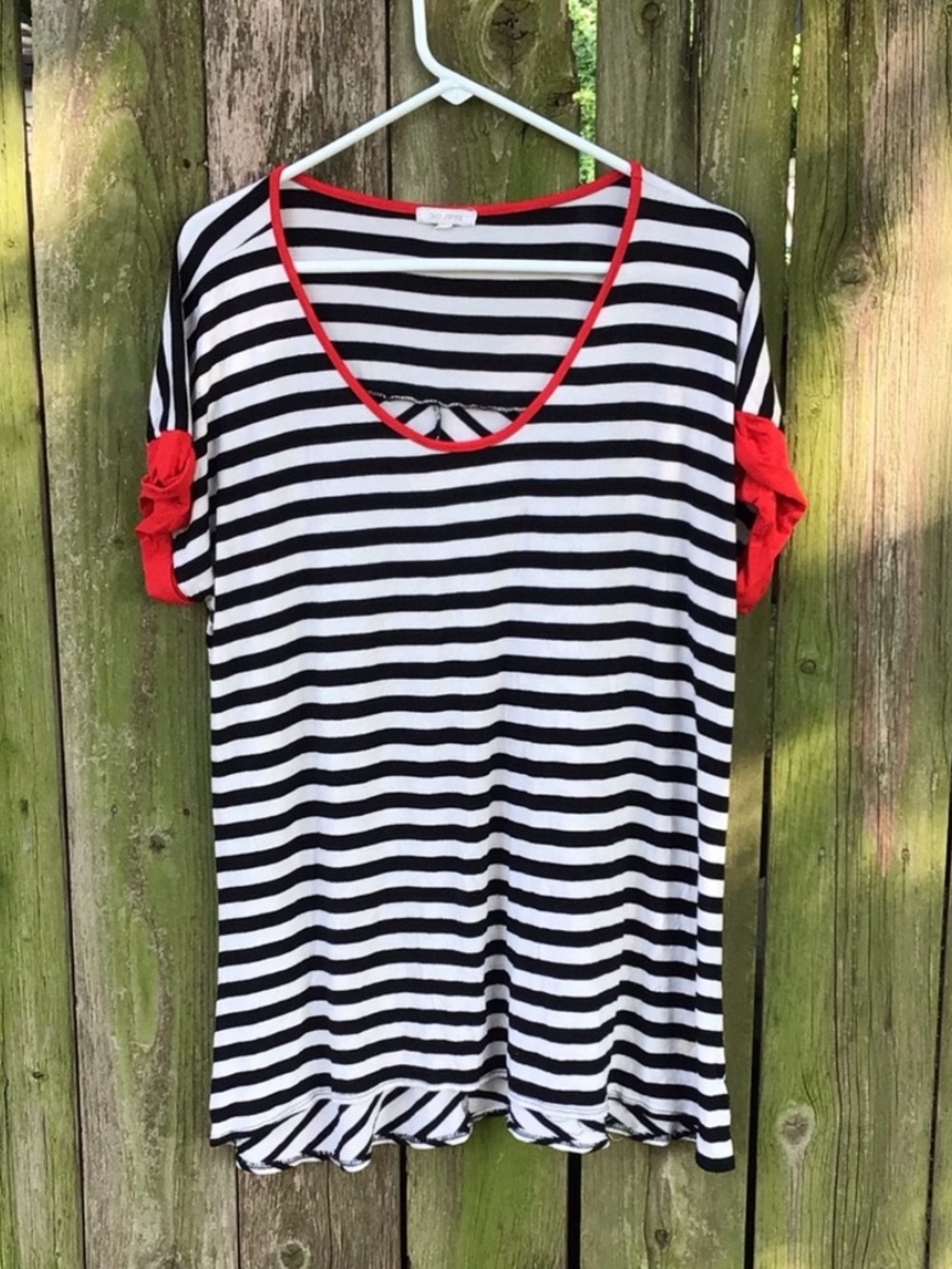 Women's Black & White Stripe Tee with Red Trim and Sleeve Detail